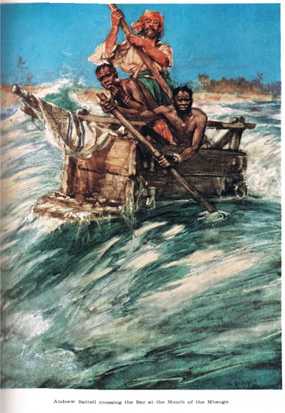 وصول باتيل إلى مصب مبينغو ، رسم توضيحي من "أرض التجارة الذهبية" ، نشره جاك عام 1921 بواسطة م مكلينتوك