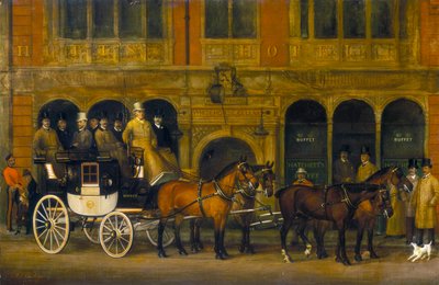 مدرب برايتون جيمس سيلبي خارج قبو نيو وايت هورس ، بيكاديللي ، c1888. بواسطة أسقف