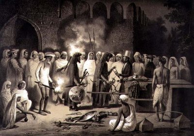 شراء الأسلحة في دلهي ، اللوحة 34 من "رحلة في الهند" ، نقش بواسطة حانة لويس هنري دي رودر (1807-1881). في باريس بواسطة أ (بعد) سولتيكوف