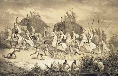موكب مشايخ السيخ على الفيلة ، من "رحلة في الهند" ، نقش بواسطة حانة لويس هنري دي رودر (1807-1881). في لندن بواسطة أ (بعد) سولتيكوف