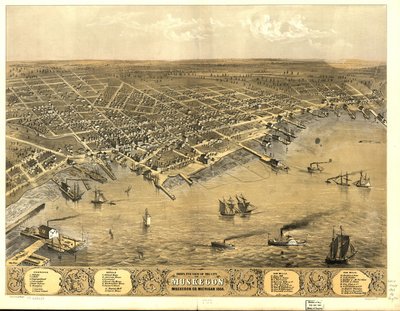منظر من الأعلى لمدينة Muskegon ، شركة Muskegon ، ميشيغان 1868. بواسطة أ؛ شركة شيكاغو للطباعة الحجرية روجر