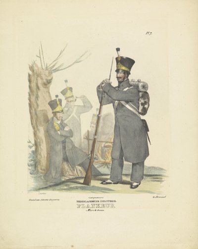 فلانكور في ثوب السير ، 1820-1825 المشاة الهولندية. زي Flankeur Marsch (العنوان على الكائن) الأزياء العسكرية لمملكة هولندا. إهداء لسعادة ويليم فان بيلاندت (عنوان المسلسل على الكائن) بواسطة شوتن كاربنتير