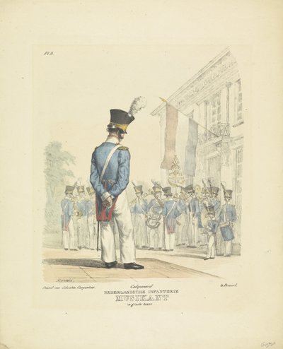 موسيقي بالزي الرسمي الكامل عازف بثوب كامل ، 1820-1825 مشاة هولندي موسيقي يرتدي زيًا رائعًا (العنوان على القطعة) الأزياء العسكرية لمملكة هولندا. مكرس لسعادة ويليم فان بيلاندت (عنوان المسلسل على obj بواسطة شوتن كاربنتير