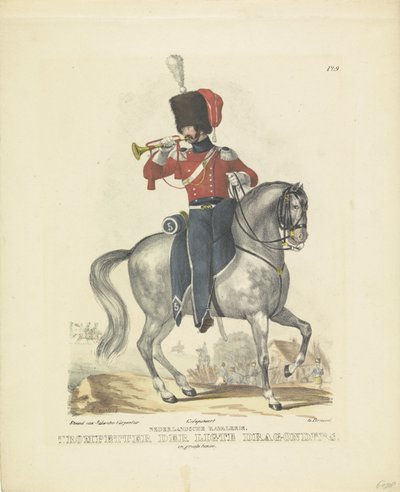 عازف البوق بالزي الرسمي الكامل عازف البوق في لباس كامل ، 1820-1825 سلاح الفرسان الهولندي. عازف البوق من Ligte Dragoons. يرتدي زيًا رائعًا (العنوان على الكائن) الأزياء العسكرية لمملكة هولندا. مكرس لسعادة ويليم فان ب بواسطة شوتن كاربنتير