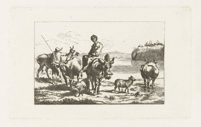 منظر طبيعي مع راعية على بغل وراعي مع أبقار بواسطة Nicolaes Pietersz Berchem (ربما)