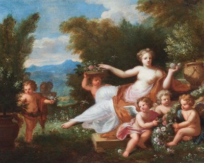 فلورا متكئة في منظر طبيعي مع معجون يجلب الزهور. (زيت على قماش) بواسطة 