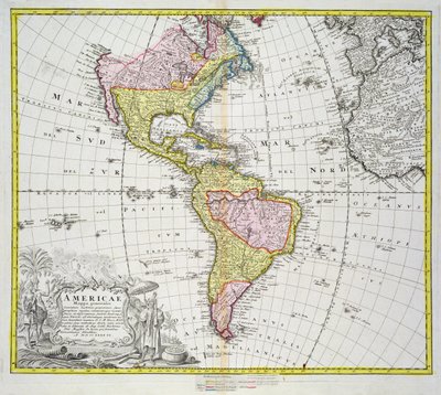 خريطة للأمريكتين ، نشرتها Homann ، 1746 (نقش الألوان) بواسطة A. Gottlieb Boehm