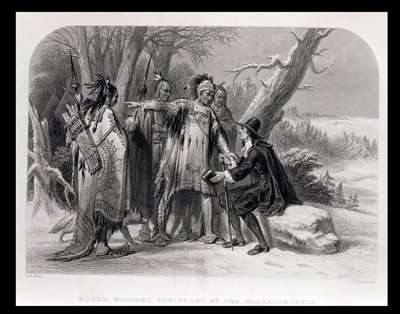 روجر ويليامز يحميها Narragansetts ، 1636 ، من "تاريخ الولايات المتحدة" ، المجلد. أنا ، بواسطة تشارلز ماكاي ، منقوش بواسطة جيمس تشارلز جيميتاج (1820-97) بواسطة اه رواي
