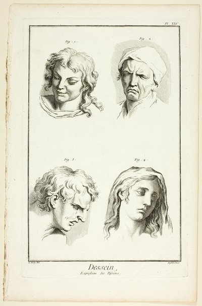 رسمة: تعبيرات المشاعر (ضحك ، بكاء ، رحمة ، حزن) ، من Encyclopédie بواسطة A. J. Defehrt