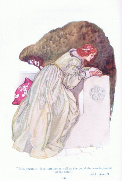 Julia began to piece together as well as she could the torn fragments of the letter (Two Gentlemen of Verona), from Tales from Shakespeare pub. by Ward Lock & Co Ltd بواسطة جاكسون