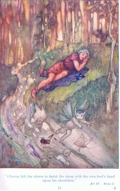 غادر أوبيرون المهرج لينهي نومه ورأسه الأحمق على كتفيه (حلم ليلة منتصف الصيف) ، من حكايات من حانة شكسبير. بواسطة Ward Lock & Co Ltd بواسطة جاكسون