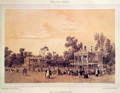 منظر لمقهى السفراء في الشانزليزيه في باريس للطباعة الحجرية لـ A. provost (نشط حوالي 1834-1855) باريس ، متحف Carnavalet بواسطة عميد