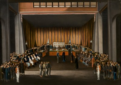 محكمة العدل الصينية في قاعة المصنع البريطاني في كانتون ، 9 أبريل 1807 ، c.1810 (زيت على ورق) بواسطة أ. رولاند نايت