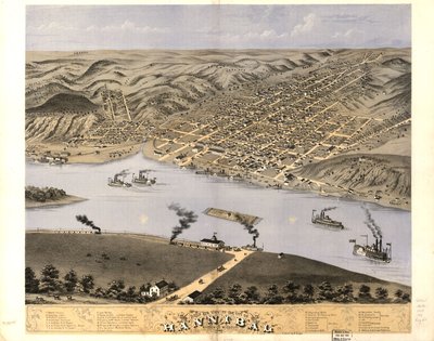 منظر من عين الطائر لمدينة هانيبال، شركة ماريون، ميسوري 1869. LOC 73693475 بواسطة أ. روجر