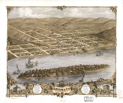 منظر من عين الطائر لمدينة هيرمان، شركة جاسكوناد، ميسوري 1869. LOC 73693476 بواسطة أ. روجر