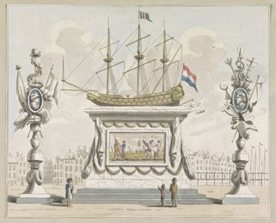 التجارة والشحن ، زخرفة على Nieuwmarkt ، 1795 عشر لوحات من الزخارف في Alliantiefeest في أمستردام في عام 1795 (عنوان السلسلة) بواسطة ملصق جون رويلوف