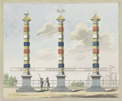 الحرية والإخوان والمساواة ، وسام الهوجسلوس ، 1795 عشر لوحات من الزخارف في Alliantiefeest في أمستردام عام 1795 بواسطة ملصق جون رويلوف