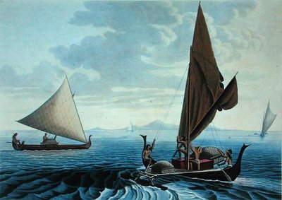 منظر لجزيرة تينيان: Dugout Canoes من جزر كارولين ، من "Voyage Autour du Monde sur les Corvettes de L'Uranie" محفور بواسطة Coutant ، نُشر عام 1825 (نقش) بواسطة A. و Taunay Adrien Andre (بعد) Berard