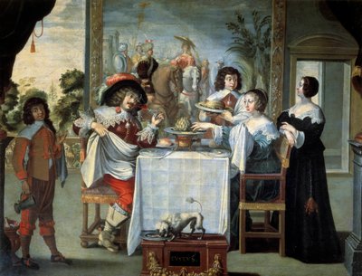 خمس حواس ، تذوق لرسام مجهول ، نسخة من نقش أبراهام بوس (1602-1676) ، زيت على قماش - "الحواس الخمس: المذاق" مشهد تذوق وجبة مكررة مكونة من البطيخ والخرشوف في منزل نبيل جميل. لوحة أبراهام بوس (1602 بواسطة إبراهيم (بعد) بوس