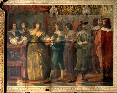 Scene of the life of Charles de Valois (1573-1650), Duke of Angouleme - Party scene given on the occasion of the marriage of Charles de Valois with his second wife in 1644 - A woman, approached by a courtisan, apprehends to put her collar - Fresco by Abrah بواسطة إبراهيم (بعد) بوس