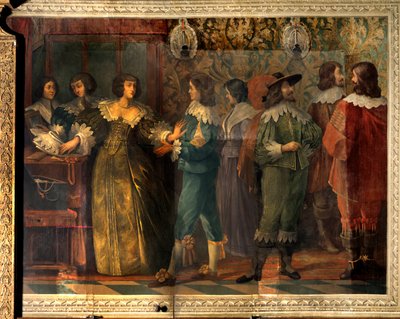 Scene of the life of Charles de Valois (1573-1650), Duke of Angouleme - Party scene given on the occasion of the marriage of Charles de Valois with his second wife in 1644 - A woman, approached by a courtisan, apprehends to put her collar - Fresco by Abrah بواسطة إبراهيم (بعد) بوس