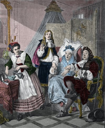 "Le Malade imaginaire" لجين بابتيست بوكلين يسمى موليير (1622-1673): المشهد 9 ، الفصل الثاني. نقش بعد اللوحة التي رسمها أبراهام سليمان (1824-1862) عام 1861. بواسطة إبراهيم (بعد) سليمان