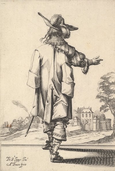 رجل نبيل ، ينظر إليه من الخلف وذراعه اليمنى ممدودة وعباءة على يساره ... ، 1629. بواسطة إبراهيم بوس
