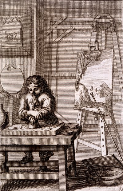 مبتدئ فنان ينظف لوحة نقش ، من "Recueil de Figures ..." ، 1737 بواسطة إبراهيم بوس