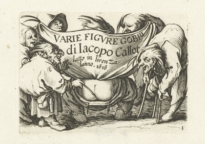 صفحة عنوان لسلسلة مطبوعة "أقزام مختلفة" / "Varie figure gobbi di Jacopo Callot" Varie Figure Gobbi di Jacopo Callot (عنوان المسلسل على الكائن) شخصيات بشعة مختلفة (عنوان المسلسل) الأقزام والحدب (عنوان المسلسل) بواسطة إبراهيم بوس