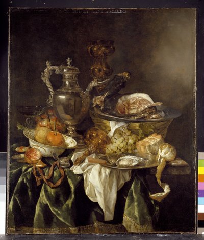 لا تزال الحياة مع جرة نبيذ فضية مع صورة عاكسة للفنان بواسطة Abraham Hendricksz van Beyeren
