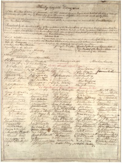 نسخة الكونجرس من قرار التعديل الثالث عشر، 1 فبراير 1865 (حبر على الرق) بواسطة ابراهام لنكولن