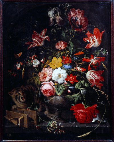 قطة تهدم إناء زهور. لوحة أبراهام مينيون (1640-1679) إي سي. الكل بواسطة ابراهام ميجنون