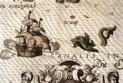 وحش بحري يهاجم جاليون (كارافيل). تفاصيل خريطة في "Theatrum Orbis Terrarum" بقلم أبراهام أورتيليوس ، أنتويرب 1584. بواسطة إبراهيم أورتيليوس