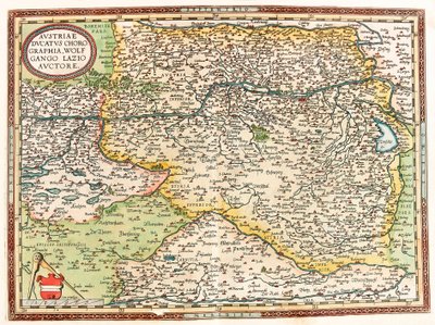 النمسا Ducatus Chorographia Wolfgango لاتسيو أوكتوري خريطة جغرافية لإقليم النمسا مع نهر الدانوب ومدينة فيينا من "Theatrum Orbis Terrarum" لأبراهام أورتيليوس (Oertel أو Ortell أو Ortel بواسطة إبراهيم أورتيليوس