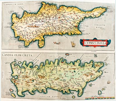 قبرص Insula - Candia، olim Creta الخريطة الجغرافية لجزر البحر الأبيض المتوسط في قبرص وكريت في اليونان من "Theatrum Orbis Terrarum" لأبراهام أورتيليوس (Oertel أو Ortell أو Ortel بواسطة إبراهيم أورتيليوس
