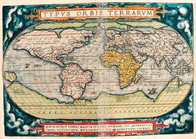 خريطة الأرض (خريطة العالم) خريطة جغرافية من "Theatrum Orbis Terrarum" بقلم أبراهام أورتيليوس (1527-1598) بواسطة إبراهيم أورتيليوس