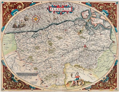 خريطة جغرافية فلاندريا لإقليم فلاندرز من "Theatrum Orbis Terrarum" بواسطة أبراهام أورتيليوس (Oertel أو Ortell أو Ortel بواسطة إبراهيم أورتيليوس