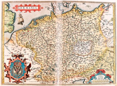 خريطة جغرافية جرمانيا لإقليم جرمانيا (الإمبراطورية الجرمانية المقدسة) من "Theatrum Orbis Terrarum" بقلم أبراهام أورتيليوس (Oertel أو Ortell أو Ortel بواسطة إبراهيم أورتيليوس