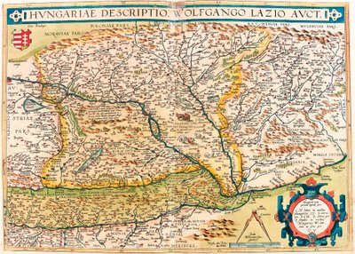 المجرية Descriptio ، وولفجانجو لاتسيو أوكت. خريطة جغرافية لإقليم المجر من "Theatrum Orbis Terrarum" بواسطة أبراهام أورتيليوس (Oertel أو Ortell أو Ortel بواسطة إبراهيم أورتيليوس