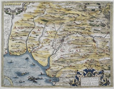 أورتيليوس، أبراهام (1527-1598). Theatrum Orbis Terrarum. 1570. يعتبر أول أطلس حديث. شافيس، جيرونيمو دي (1523-1574). عالم رياضيات وفلكي وملاح. خريطة غرب الأندلس. استناداً إلى خريطة هيرونيموس تشافيس (جيرونيمو دي بواسطة إبراهيم أورتيليوس