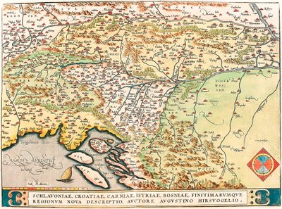 Schlavoniae ، كرواتيا ، Carniae ، Istria ، البوسنة ، خريطة Finitimarumque الإقليمية ، الجغرافيا بقلم Augustine Hirsuogelio خريطة أراضي سلافونيا ، كرواتيا ، البوسنة ودالماتيا من "أطلس" بقلم جيرارد مركاتور (Oertel ، بواسطة إبراهيم أورتيليوس