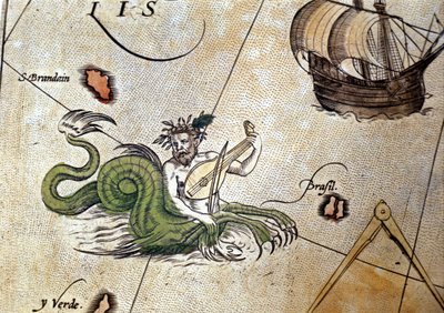 تريتون يعزف على العود بالقرب من جزيرة سانت بريندان (براندان). "Theatrum Orbis Terrarum" لأبراهم أورتيليوس أنتويرب 1584. بواسطة إبراهيم أورتيليوس