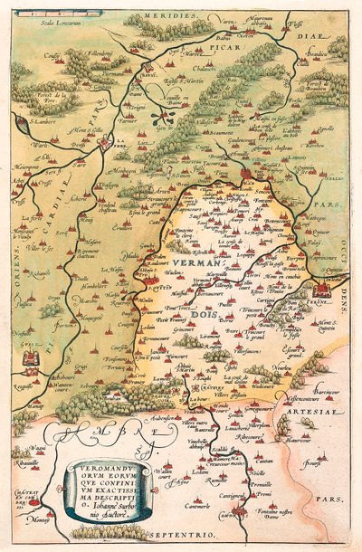 Veromanuorum أولئك الذين يحدون Accurssima الوصف خريطة جغرافية لإقليم Vermandois و Picardy في Gaul (فرنسا) من "Atlas" بواسطة Gerard Mercator (Oertel أو Ortello أو Ortel بواسطة إبراهيم أورتيليوس