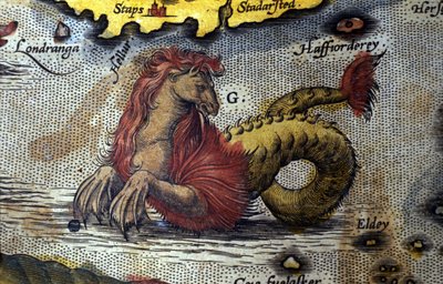 تمثيل الوحش البحري مي الحصان مي ثعبان البحر. لوحة من طبعة "Theatrum Orbis Terrarum" لرسام الخرائط أبراهام أورتيليوس (1527-1598) بواسطة إبراهيم أورتيليوس