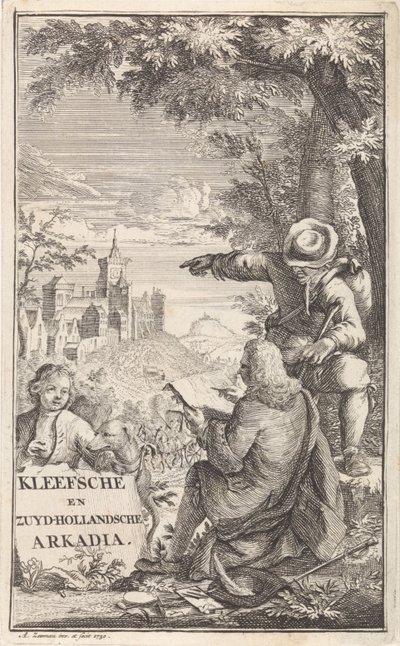 المسافر يرسم مدينة كليفز صفحة العنوان لـ: C. Bruin، Kleefsche en Zuid-Hollandsche Arkadia (...)، 1730 بواسطة ابراهام زيمان