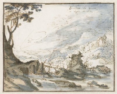 المناظر الطبيعية الجبلية مع جسر خشبي بواسطة Abraham de Vries