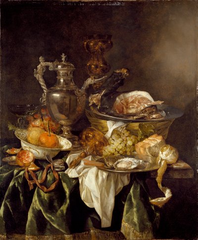 لا تزال الحياة مع جرة النبيذ الفضي وصورة منعكسة للفنان ، c1657 بواسطة ابراهام فان بيرين