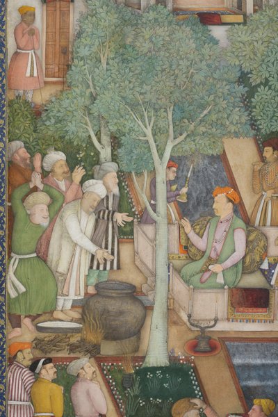تفاصيل من الإمبراطور جهانكير مع رجال مقدسين في حديقة ، c.1615 (مرحاض غير شفاف وذهب على ورق) بواسطة أبو الحسن الغفاري