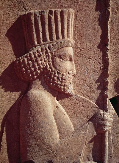 تفاصيل لجندي فارسي ، من إفريز بارز على الدرج الشرقي إلى Apadana (قاعة الجمهور) الفترة الأخمينية ، حوالي 515 قبل الميلاد (الحجر الجيري) بواسطة الأخمينية