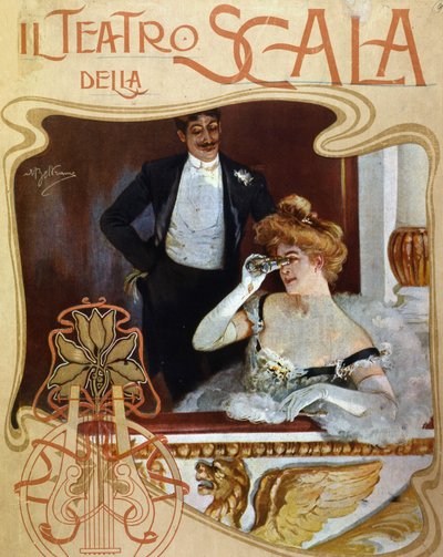 زوجان في غرفة تبديل الملابس في Teatro alla Scala. الشابة تراقب المشهد بمنظار. رسم توضيحي لأخيل بلترام. بواسطة أخيل بيلترام